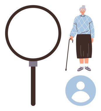 Büyüteç, bastonlu yaşlı kadını vurguluyor, kapsayıcılığı, yaş farklılığını, yaşlılığı, bakımı, araştırmayı, işe alınmayı, sağlık savunuculuğunu ve eşitliği simgeliyor. Basit bir düz metafor.