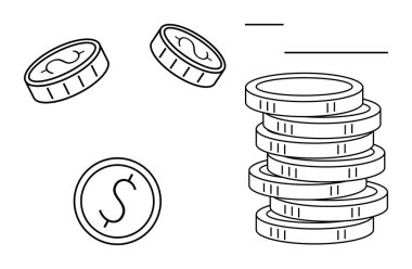 Minimalist çizgilerle çizilmiş bozuk para ve bozuk para yığını. Finans, bankacılık, yatırım, tasarruf, ekonomi, zenginlik yaratma ve iş konuları için idealdir. Basit düz metafor