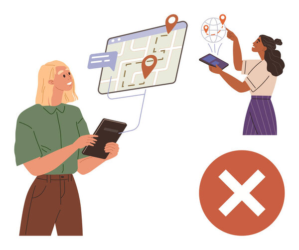 Лица, получающие доступ к цифровым картам на планшетах, показывающие значки местоположения и концепции навигации. Идеально подходит для технологий, направлений, путешествий, приложений, пользовательских интерфейсов, геолокационной командной работы. Simple