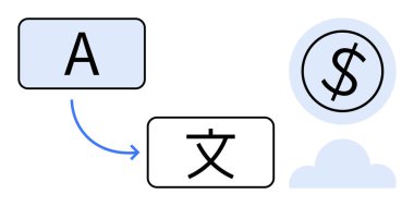 A harfi, mavi bir okla gösterilen Çince bir karaktere çevrilir. Bulut üzerindeki bir çember içindeki bir dolar işareti finansal kazancı simgeler. Küreselleşme, çeviri, finans ve kültürler arası geçiş için ideal
