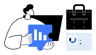 Bar çizelgesiyle yapboz tutan kişi, işi sembolize eden çanta, analizlerle gösterge paneli. Strateji, takım çalışması, veri içgörüsü, organizasyon, finansal iş büyümesi için ideal. Basit.