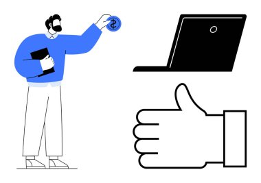 İş adamı elinde belgelerle dizüstü bilgisayar ve onay sembolünün yanına bozuk para koyuyor. Finans, yatırım, dijital pazarlama, teknoloji, başarı, onay ve basit iniş sayfası için ideal