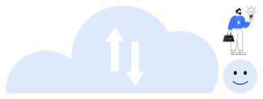 Yukarı aşağı okları olan mavi bir bulut. Ampul tutan ve evrak çantası taşıyan bir adam. Mutlu yüz eklendi. Bulut hesaplama, yenilik, üretkenlik, beyin fırtınası, iş dünyası, yaratıcılık için ideal basit