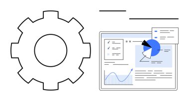 Veri panelinin yanında pasta grafiği, çizgi grafiği, analiz ve arayüz gereçleri. Teknoloji, otomasyon, analitik, veri yönetimi, verimlilik geliştirme için ideal basit bir iniş sayfası