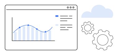 Analitik gösterge paneli çizgi grafiği, bar çizelgesi ve veri elemanlarıyla birlikte bulut ve ayarlar vitesleri. Veri görselleştirme, gösterge panelleri, üretkenlik, bulut hesaplama, analiz için ideal