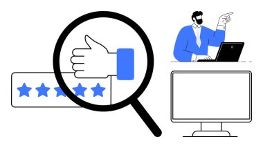 Yıldızlı büyüteç, masa başında bir profesyonel ve bir bilgisayar ekranı. Geri bildirim, performans değerlendirmesi, kalite güvencesi, çevrimiçi derecelendirme, müşteri desteği, iş için ideal