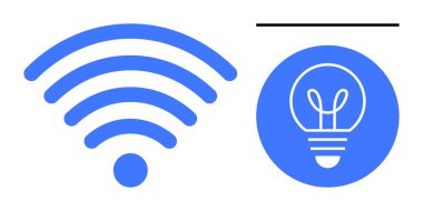 Mavi kablosuz sembol, çemberin içindeki bir ampulün yanında teknoloji, ağ oluşturma ve yenilik öneriyor. Bağlantı, enerji, kablosuz iletişim, yaratıcılık, teknoloji fikirleri için ideal.