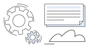 Hareket halindeki dişliler, bir organizasyon belgesi ve depolama için bir bulut yakınındaki işlem optimizasyonunu yansıtır. İş akışı, teknoloji, bulut depolama, otomasyon, iş, mühendislik için ideal
