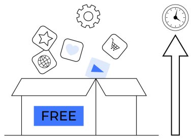 Üzerinde simgeler asılı duran FREE etiketli kutuyu aç, işlevsellik için vites, zaman farkındalığı için saat, büyümeyi simgeleyen yukarı doğru ok. Fırsat, yaratıcılık, pazarlama ve teknoloji için ideal