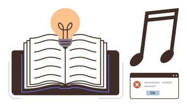 Müzik notası ve hata diyaloğu olan bir ampulle aydınlatılmış açık bir kitap. Yaratıcılık, eğitim, müzik, ilham, problem çözme, yenilik, edebiyat, basit düz metafor
