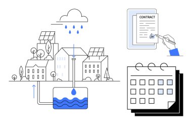 Güneş enerjisiyle çalışan evleri, yağmur suyu hasadı ve su tankı olan şehir manzarası. Takvim planlamayı gösteriyor. Kontrat, çevre dostu kalkınma anlaşmasının altını çiziyor. Sürdürülebilirlik için ideal