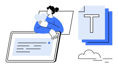 Bir kalp sembolü, yazılı bir tablet, belgeler ve bulut simgesi tutan kişi. Teknoloji, içerik oluşturma, bulut depolama, takım çalışması, iş akışı dijital araçlar için ideal basit iniş sayfası