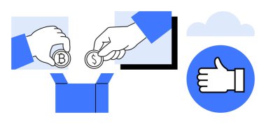 Paraları bir kutuya koyan eller, dijital para birimi sembolleri, bulut ve başparmak kaldırma simgesi. Finans, takım çalışması, yatırım, kripto para birimi, toplu kaynak bağışları için ideal basit bir iniş sayfası