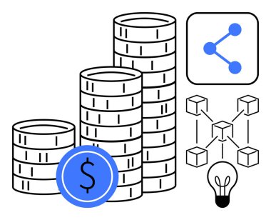 Dolar işaretli bozuk para yığınları, engelleme zinciri bağlantıları, ikon paylaşımı, ve ampul finansal büyümeyi, yeniliği, kripto para birimini, dijital ekonomiyi sembolize ediyor. Fintech ve girişim engelleme zinciri için ideal