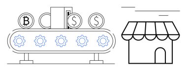 Döviz taşıma bandı simgelerinin aktarılması Bitcoin, Dollar ve Euro 'yu bir dükkan cephesinin yanında onayladı. Finansal otomasyon, kripto para birimi, e-ticaret, fintech, ödeme sistemleri, perakende satış için ideal
