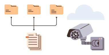 Bağlı dosya dosyaları, belgeler, bir güvenlik kamerası ve bir bulut. Siber güvenlik için ideal, veri depolama, dosya paylaşımı, gizlilik koruması, izleme sistemleri dijital organizasyon basit bir daire