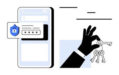 Akıllı telefon ekranında güvenlik kalkanı elinde anahtar bulunan parola girdisi gösterilir, erişim kontrolü, siber güvenlik, dijital kimlik denetimi, güvenli yönetim, kilitler ve basit iniş sayfası