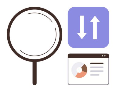 Büyüteç, ok sıralama ve veri tablosu penceresi araştırma, analitik, veri sıralama, optimizasyon, bilgi yönetimi, arama ve karar verme mekanizmasını simgeler. İş teknolojisi için ideal