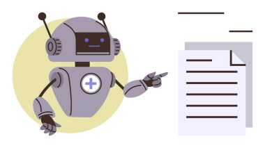 Metalik kolları olan, sağlık, dijital otomasyon ve veri analizi için yapay zeka yardımını temsil eden bir belgeye bakan gelecekçi robot. Teknoloji, sağlık, yapay zeka ve yenilik için ideal.