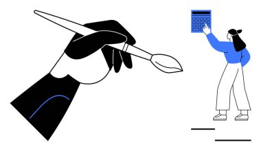 Bir kadın problem çözme ve mantığı temsil eden bir hesap makinesini işaret ederken, boya fırçasını tutmak yaratıcılığı sembolize eder. Yenilik, denge, takım çalışması, eğitim, tasarım, yaratıcılık için ideal