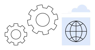 Üzerinde bulut olan bir tarayıcı çerçevesinde bir kürenin yanında iki vites. Yenilik, teknoloji, takım çalışması, süreç, küresel ağ, otomasyon, dijital çözümler için ideal. Basit bir düz metafor.