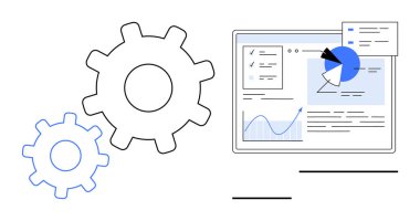 Analiz paneli, grafikler ve veri elemanlarının yanında dişliler. İşbirliği, veri iş akışı, süreç yönetimi, analitik, teknoloji, yenilik için ideal basit iniş sayfası