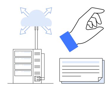 Sunuculara bağlı bulutların kavramsal illüstrasyonu, bir seçenek seçilmesi ve dijital kartlar. Teknoloji, bulut hesaplama, veri depolama, dijital erişim, bilişim altyapısı, yenilik için ideal