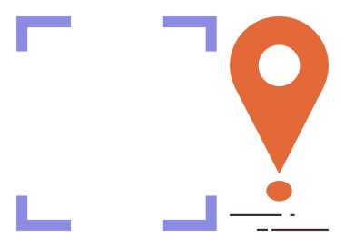 Mor parantez ve asgari çizgilerle çevrili, ünlem işareti şekilli turuncu harita iğnesi. Navigasyon, yön, odaklanma, kesinlik, seyahat, dijital arayüzü vurgulamak için ideal. Basit düz