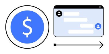 Bir çemberin içindeki mavi dolar işareti dijital aktarım akışını temsil eden sohbet mesajı arayüzünün yanında. Fintech için ideal, çevrimiçi ödeme, bankacılık uygulamaları, paylaşımcı transferi, e-ticaret hesabı