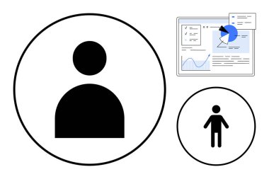İki daire boyutunda kullanıcı figürü simgeleri ve grafikleri ve grafikleri olan bir veri analiz paneli. Kullanıcı yönetimi, analitik, iş akışları, profiller, görevler, yönetim paneli, basit iniş sayfası için ideal