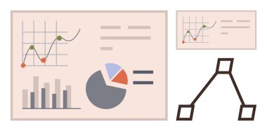 Grafikler, pasta grafiği, çubuklar ve veri analizlerini gösteren şema. İş, finans, strateji, eğitim sunumu istatistikleri ve raporlar için ideal. Basit düz metafor