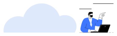 Arka planda bulut ve iş adamı dizüstü bilgisayar kullanırken işaret ediyor. Teknoloji, işbirliği, bulut hesaplama, iş stratejisi, yenilik, veri depolama, basit düz metafor