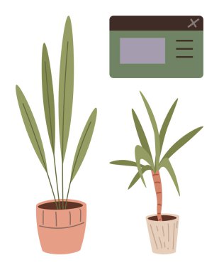 Yeşil yapraklı saksı bitkileri ve modern pencere UI tasarım elementi. İç dekorasyon, bahçıvanlık, yeşillik, kullanıcı arayüzü tasarımı, eko temaları, ev tasarımı, basit düz metafor için ideal