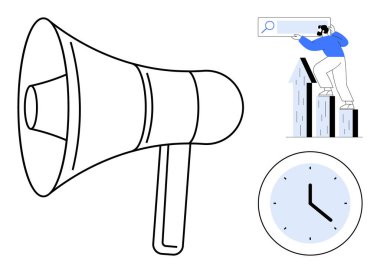 Megafon iletişimi vurgular, büyüme çizelgesindeki adam trendleri araştırır ve saat zaman yönetimini gösterir. Pazarlama, analitik, büyüme stratejisi, zaman izleme, iş planlaması, modern