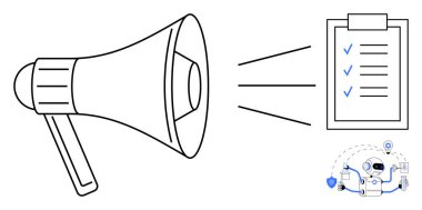 İşaretli görevleri olan bir kontrol listesine doğru ses dalgaları yaratan megafon ve yapay zeka etkileşimini temsil eden bir robot asistan. İletişim, duyuru, üretkenlik, yapay zeka, otomasyon, takım çalışması için ideal