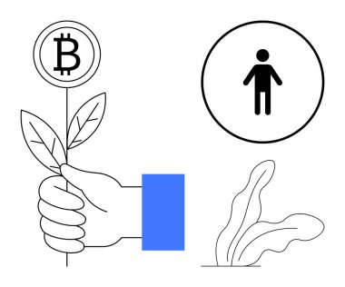 Şifreli para jetonu ve filizlenen yaprakların yanında insan sembolüyle el ele tutuşan yapraklar. Finans, büyüme, yatırım, sürdürülebilirlik, yenilik, ekonomi ve çevre kavramları için idealdir. Basit.