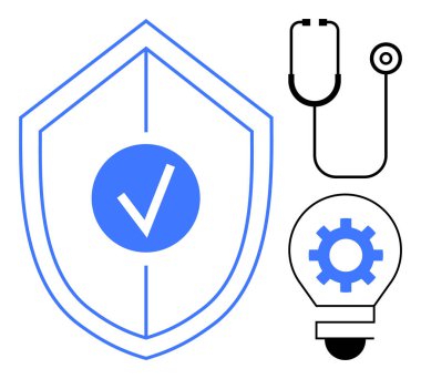 Kontrol işaretli kalkan, steteskop ve bir ampulün içindeki ekipman. Sağlık, yenilik, güvenlik, tıbbi teknoloji, veri koruması problem çözme veya fikirler için idealdir. Basit düz metafor