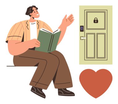 El kol hareketi yaparken kitap okuyan kişi kilit sembollü ve kalp şeklinde güvenli bir kapı. Eğitim, güvenlik, refah, kişisel büyüme, hikaye anlatımı için ideal, değerler basit düz metafor