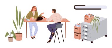 İki meslektaş yakınlarda bitkilerle dolu bir masada çalışmaktan bahsediyor. Etrafı dosya ve dosyalarla çevrili. Takım çalışması, ofis kurulumu, organizasyon, üretkenlik, iletişim, planlama, daire için ideal