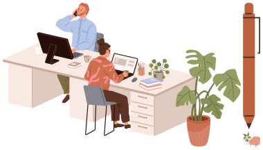 Aynı masada laptoplar, ofis sandalyesi, masa bitkileri, kahve fincanı ve kalemle çalışan iki meslektaşım var. Takım çalışması, üretkenlik, çalışma alanı, işbirliği kurumsal kültür yaratıcılığı için idealdir.