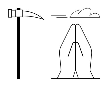 Kazma iş ve çabayı temsil ederken, katlanmış eller dua, inanç ve minnettarlık iletir. Emek, din, maneviyat, denge çabası için ideal basitlik. Basit düz metafor