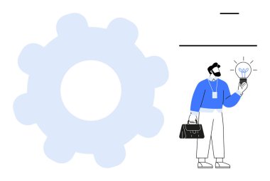 Evrak çantalı profesyonel bir iş adamı. Elinde parlak bir ampul var. Yenilik, liderlik, üretkenlik, problem çözme, takım çalışması, iş stratejisi, verimlilik için ideal