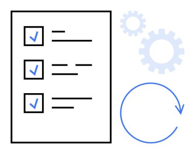 İşaretli ögelere sahip kontrol listesi tamamlanmış görevleri simgeler. Vites simgeleri ve dairesel okla çevrili. Üretim, planlama, süreç yönetimi, iş akışı, hedefler, verimlilik için ideal