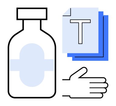 İlaç şişesi, açık el, metin elementli katmanlı belgeler. Tıp, sağlık, destek, eğitim, eczane, öğrenme erişilebilirliği için ideal basit iniş sayfası