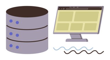 Bir yığın sunucu ve dalgalı çizgiler üzerinden bağlı bir ızgara düzeni gösteren bir bilgisayar ekranı. Teknoloji, veritabanı yönetimi, veri depolama, İnternet, ağ geliştirme, web geliştirme ve çevrimiçi için ideal
