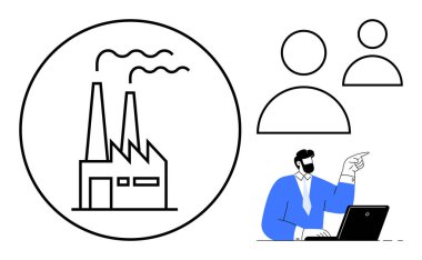 Fabrika daire şeklinde duman yayıyor, iki kullanıcı simgesi takımı sembolize ediyor, dizüstü bilgisayarı ileri bakan kişi. Endüstri, takım çalışması, yenilik, yönetim, liderlik, karar verme işi için ideal