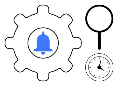 İçinde mavi zil, büyüteç ve uyarı, odaklanma, zaman yönetimi gösteren saat. Üretkenlik, organizasyon ve verimlilik planları için idealdir. Sistemlerin basitliğini hatırlatır. Modern