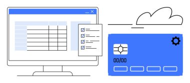 Kontrol listesi kaplamalı veri tablosu gösteren bilgisayar ekranı, ayarlı mavi kredi kartı, bulut. Finans, ödeme, veri analizi, bankacılık, yönetim, teknoloji için ideal