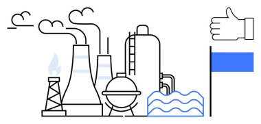 Endüstriyel fabrika, soğutma kuleleri, alev yığını, su dalgası sembolü, baş parmak hareketi, çevre dostu odaklanma. Enerji, çevre, endüstri sürdürülebilirlik üretimi için ideal basit
