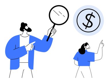 İki kişi bir büyüteç tutuyor ve bir dolar simgesini işaret ediyor. Finans, analiz, yatırım, para, strateji, büyüme ve iş kavramları için idealdir. Modern ve basit düz metafor